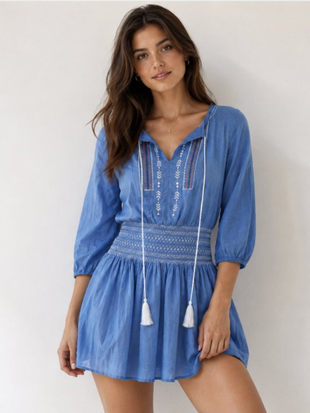 SHOSHANNA SWIMWEAR Boho Smocked Embroidered Mini Dress Cover Up Medium Preppy